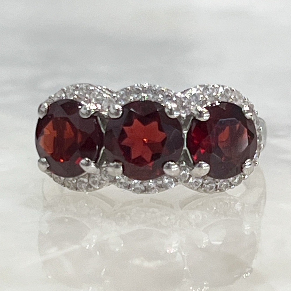 Mozambique Garnet White Zircon Sterling Silver Trilogy Ring Sz 8